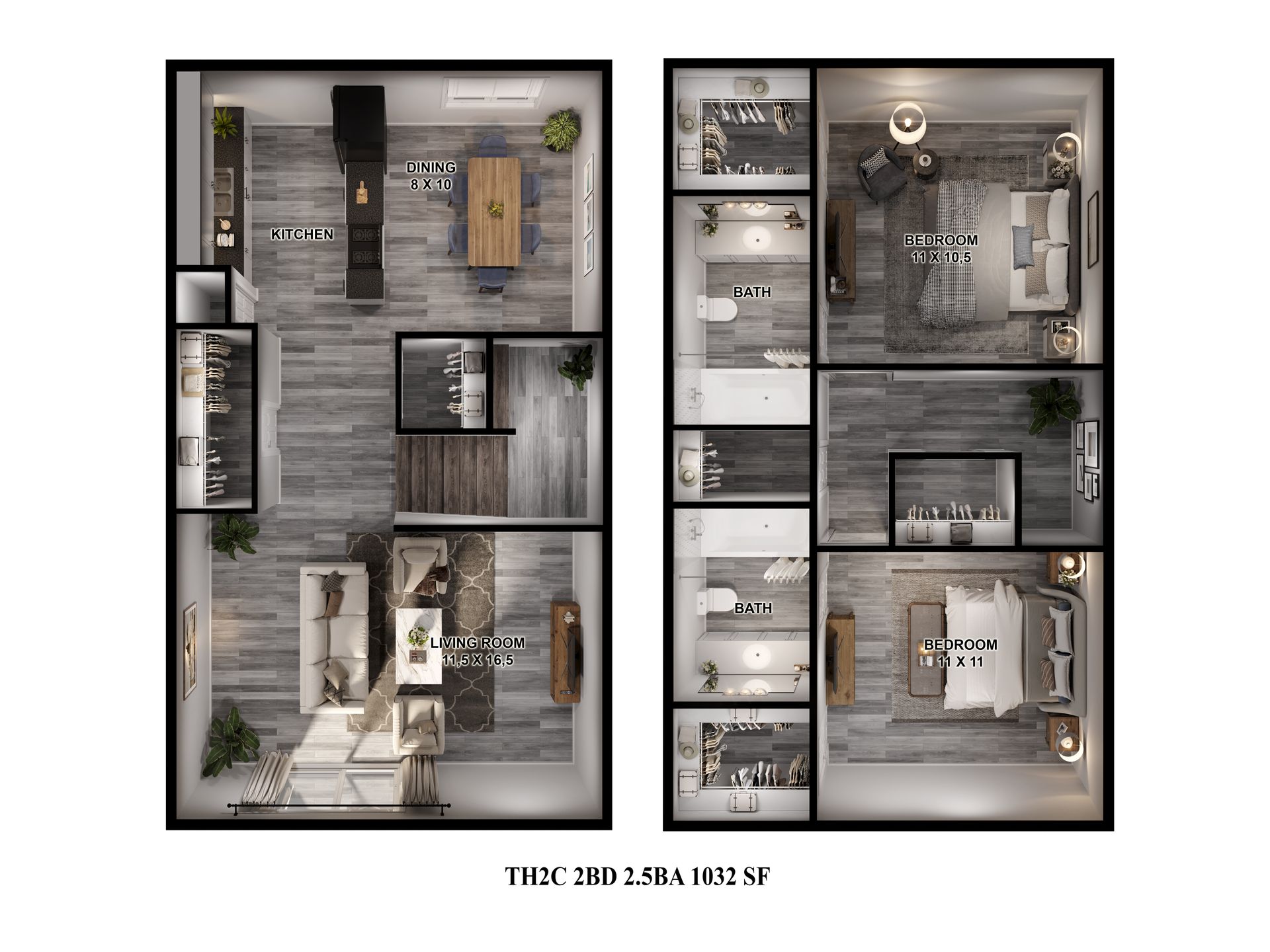 Floor plan of the 1032 sq. ft. two-bedroom, 2.5-bath townhouse for rent in the Spring Branch, Houston.