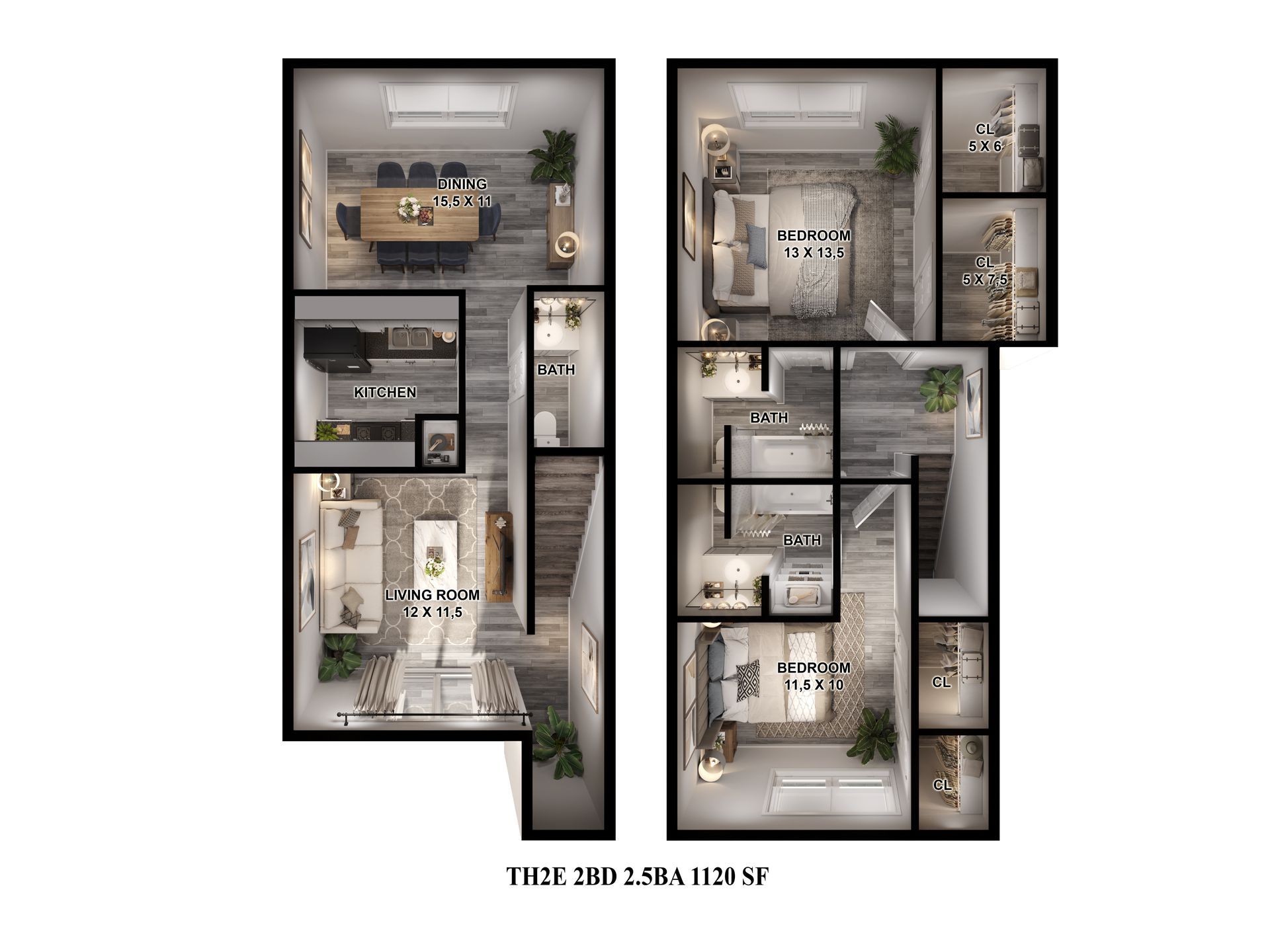 Floor plan of the 1120 sq. ft. two-bedroom, 2.5-bath apartment for rent in Houston, Tx.