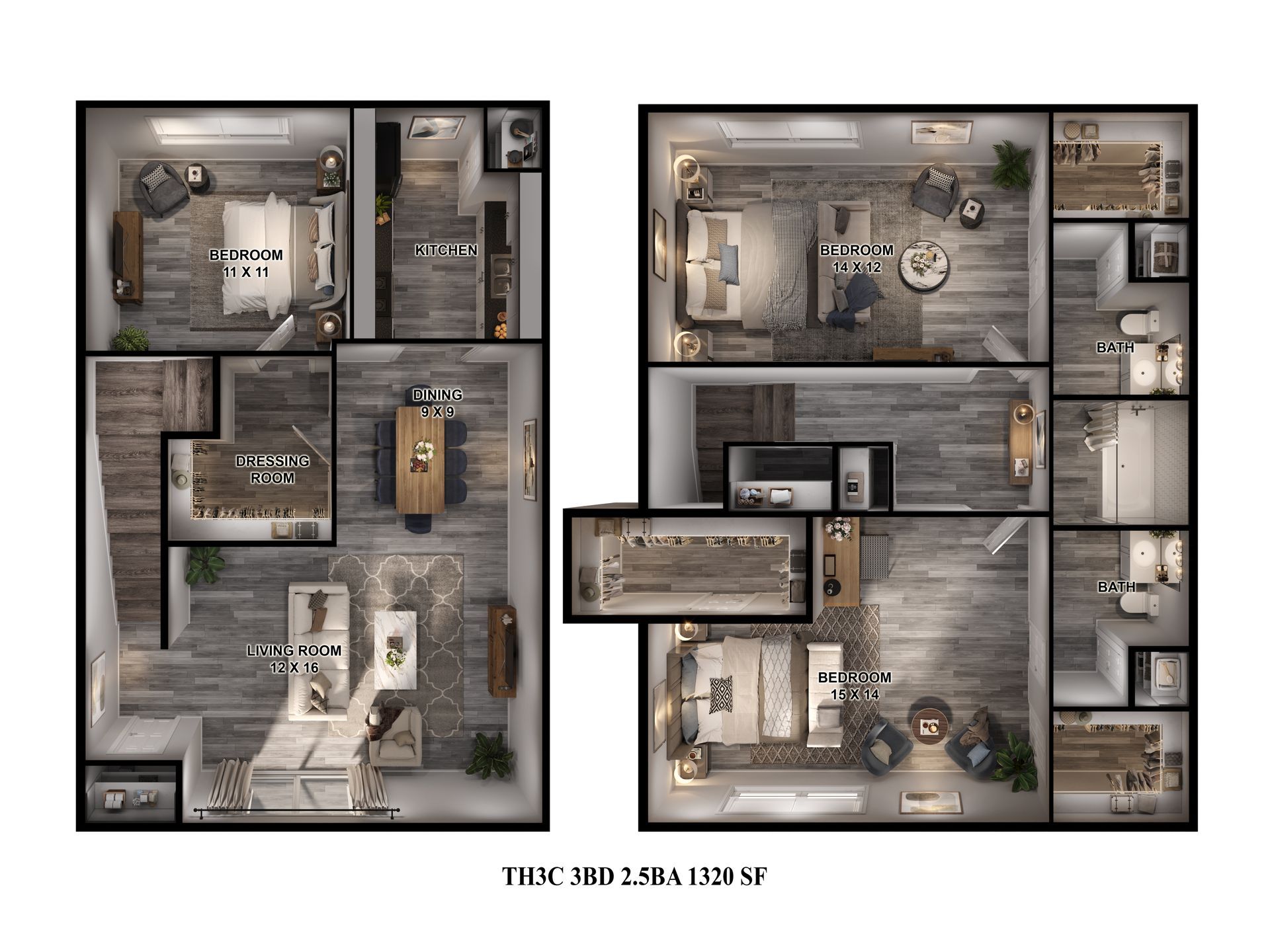 Floor plan for 3-bed, 2.5-bath townhome at Gia Spring Branch. Houston townhome for rent.