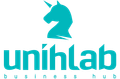 Logotipo turquesa do Unihlab Business Hub com cabe&ccedil;a de unic&oacute;rnio estilizada acima do texto.