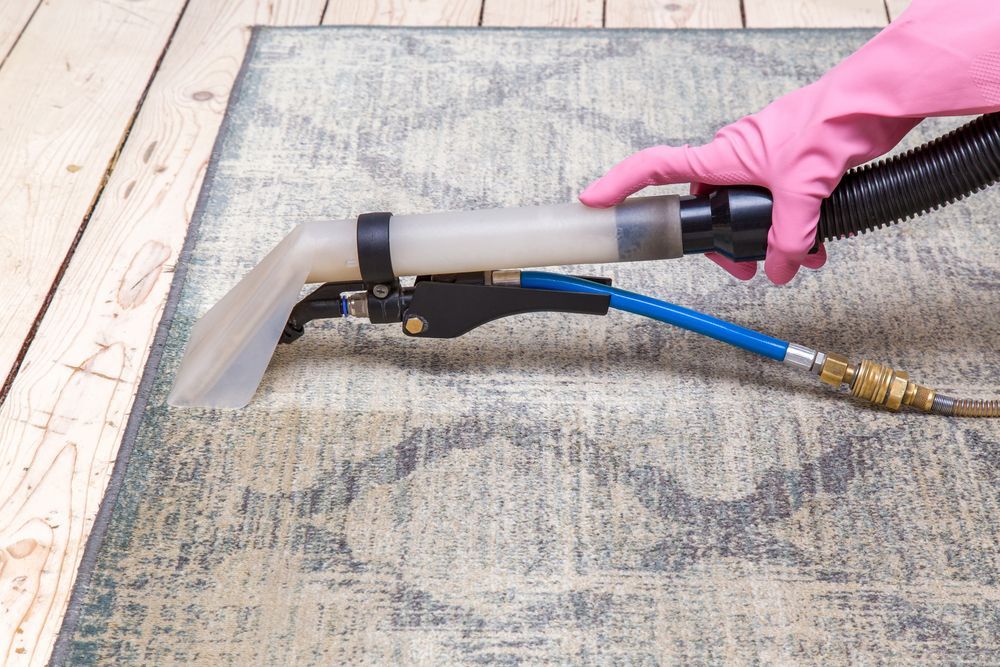 Pink-Gloved Hand Cleaning a Patterned Rug with A Carpet Extractor — Broadbeach Carpet Cleaning In Surfers Paradise, QLD