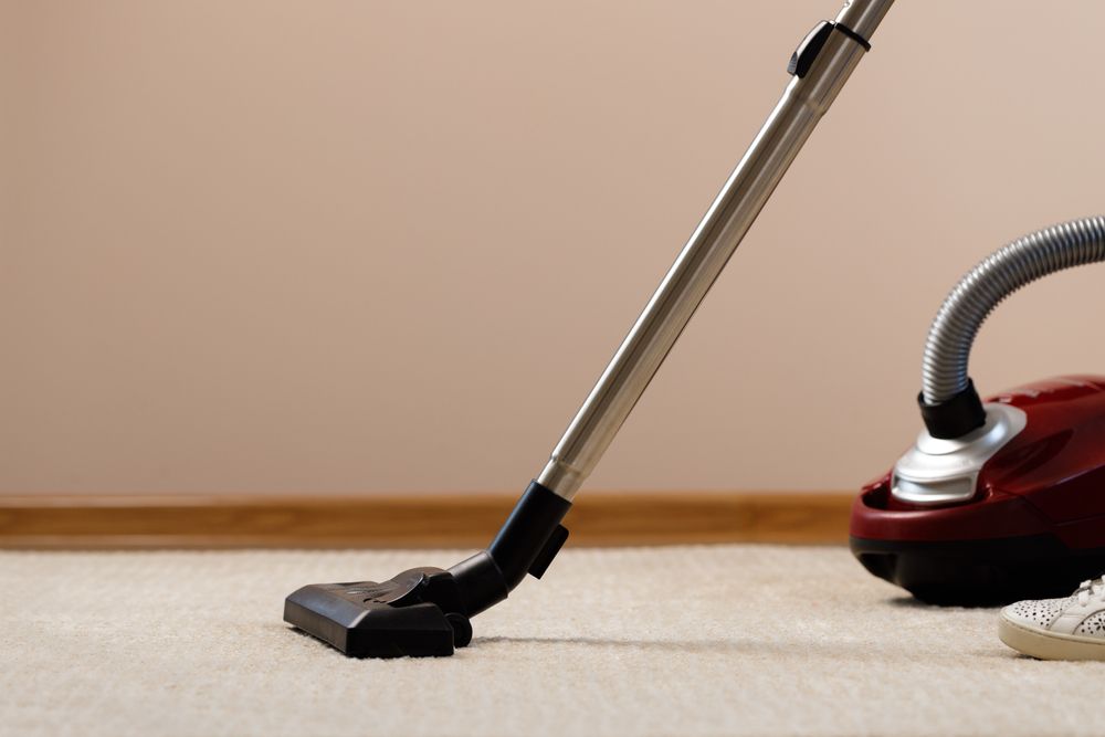 Vacuuming a Beige Carpet with A Red Canister Vacuum and Black Floor Attachment — Broadbeach Carpet Cleaning In Benowa, QLD