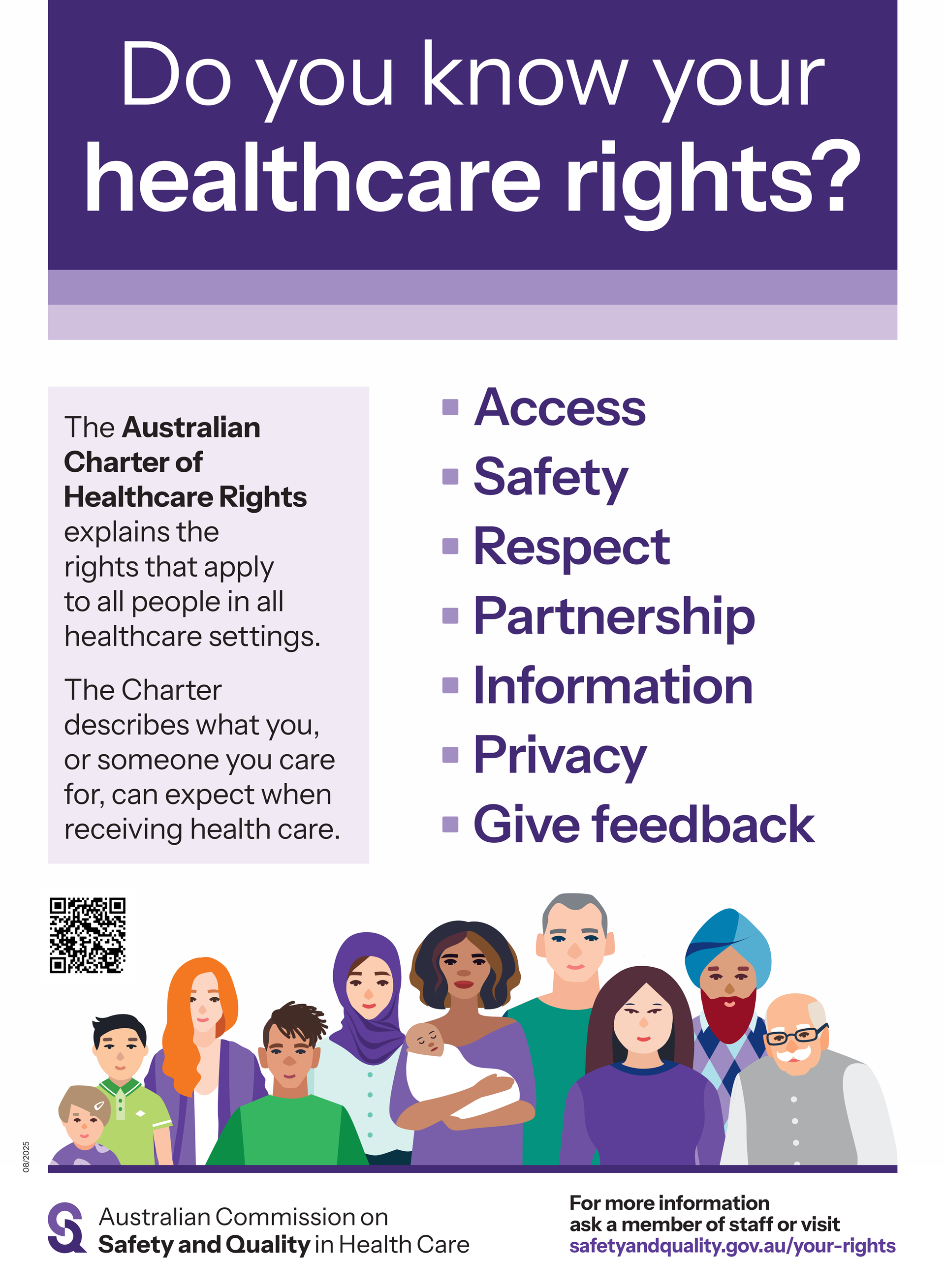 Poster asking “Do you know your healthcare rights?” with purple header, rights list, and diverse people illustration
