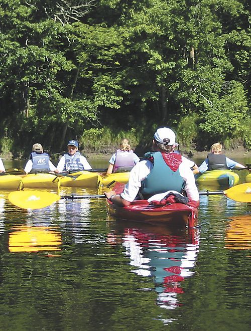 Kayakers in yellow and red boats on a calm river, surrounded by green trees