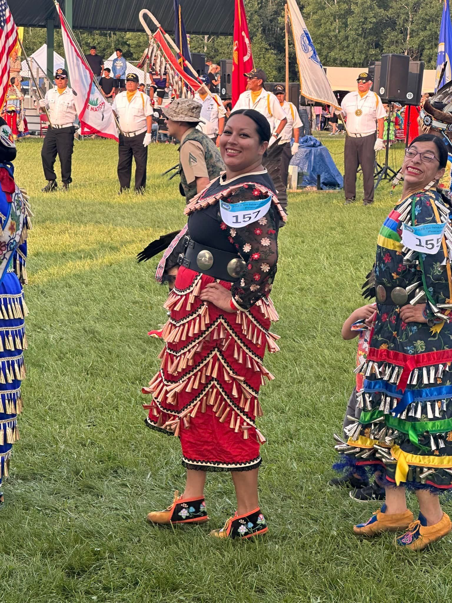 Two dancers in colorful traditional regalia performing outdoors on a grassy field.
