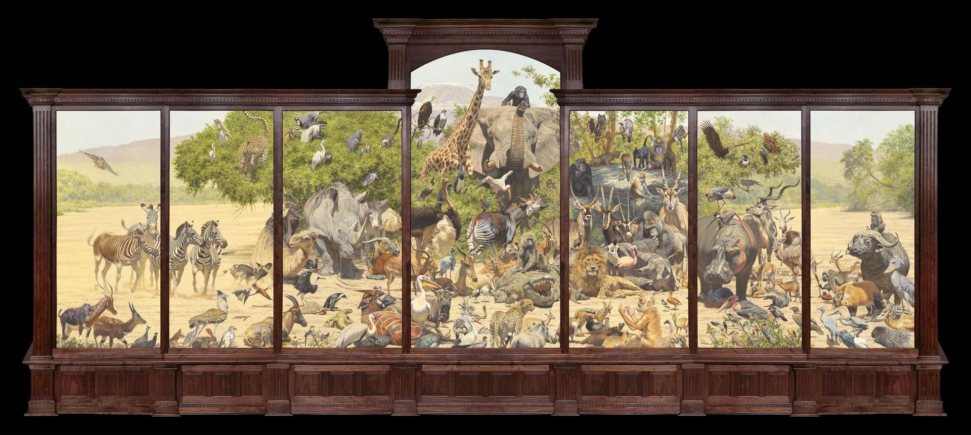 Historic panoramic mural of a crowded outdoor battle or hunt scene with horses and trees