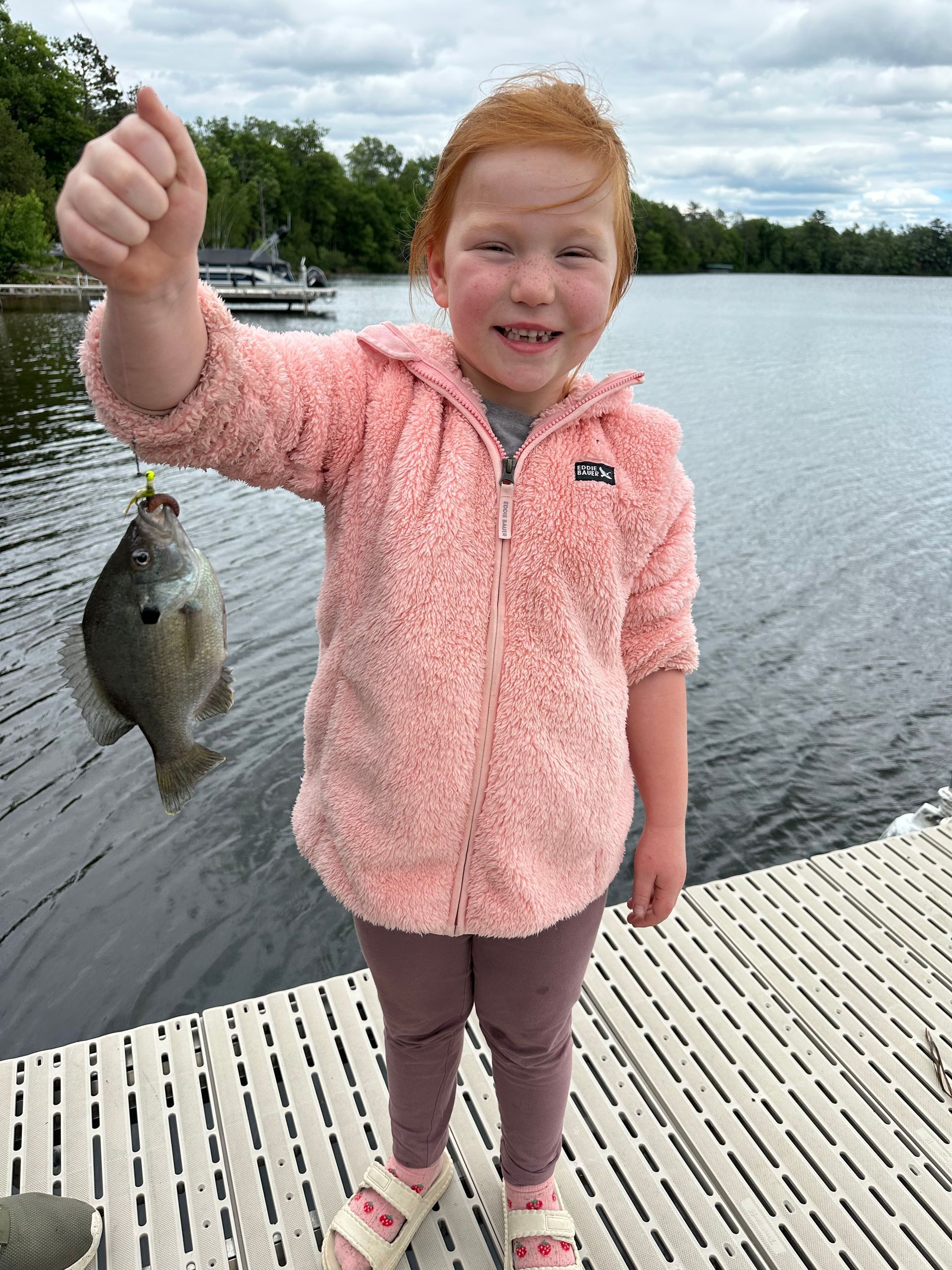 Child in a pink shirt holding up a fish beside a lake on a dock
