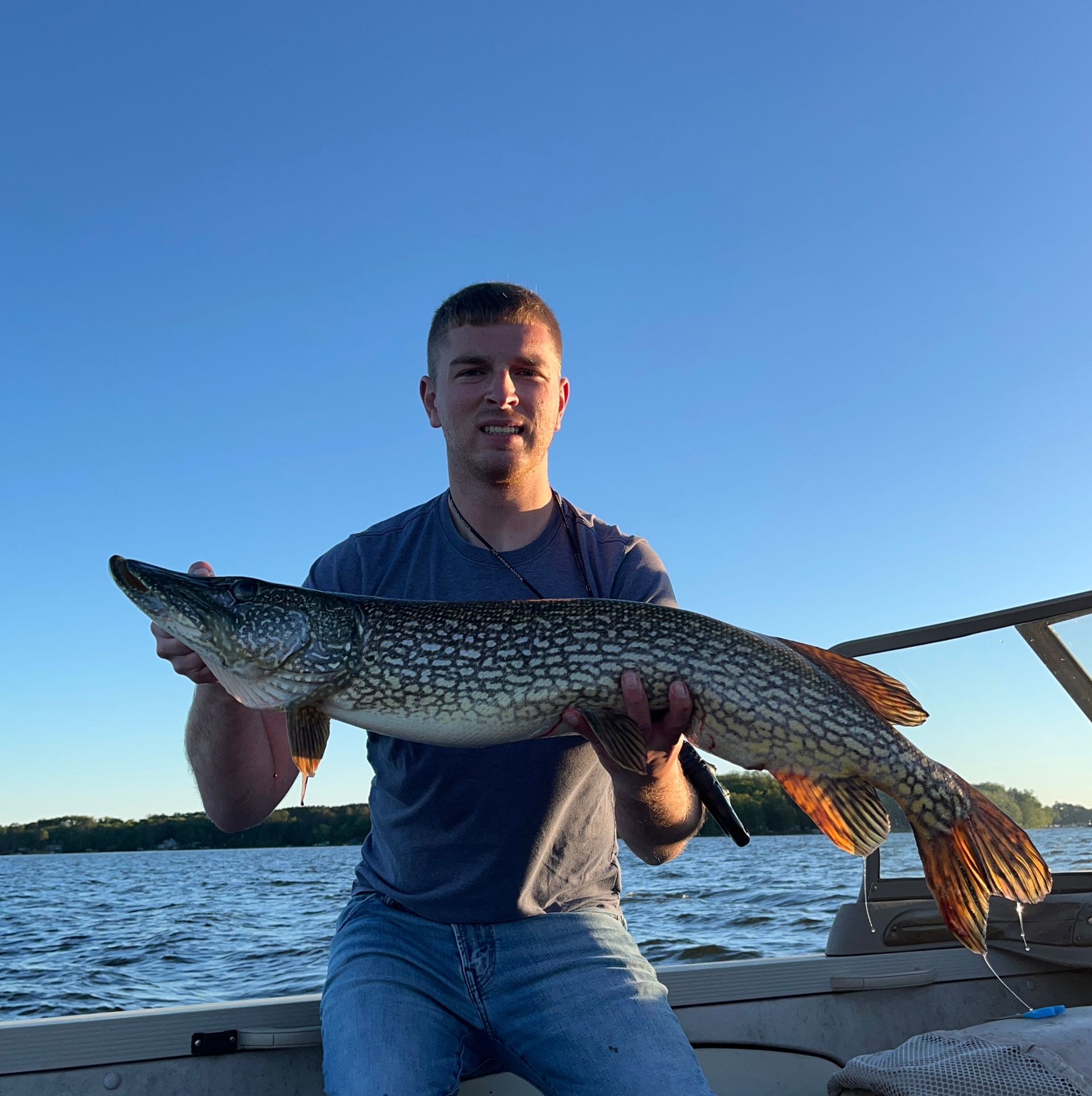 Man holding a large fish on a dock with water and sunset sky in the background
