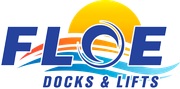 FLOE Docks & Lifts logo with blue text, orange waves, and a yellow sun