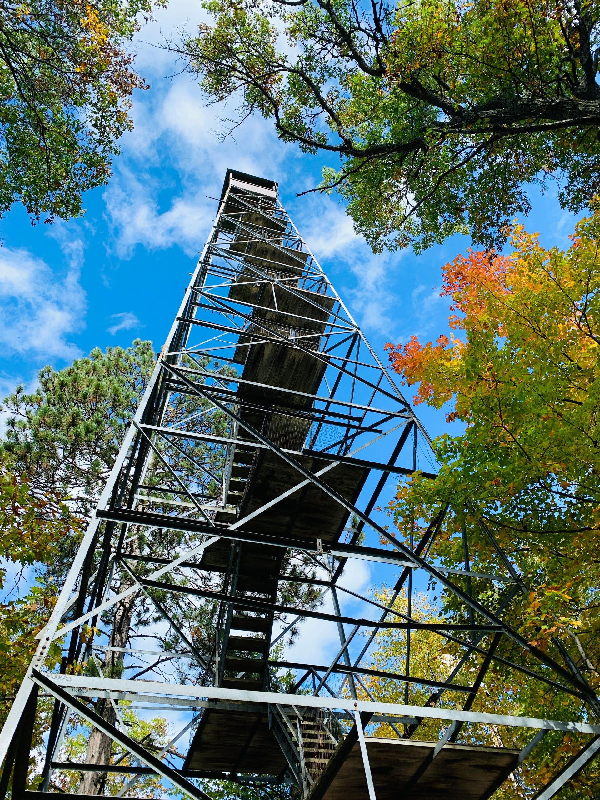 Tall metal observation tower framed by green and orange autumn trees against a blue sky