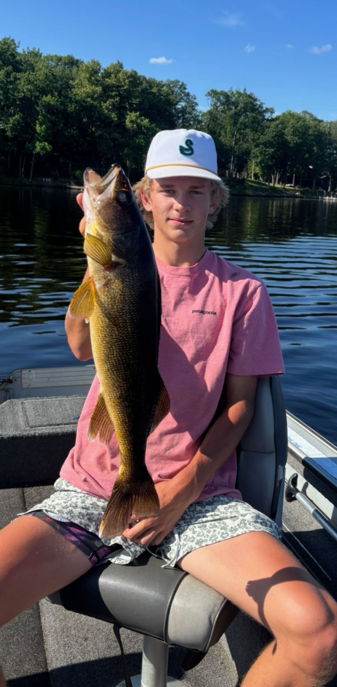 Person on a boat holding a large fish on a sunny lake