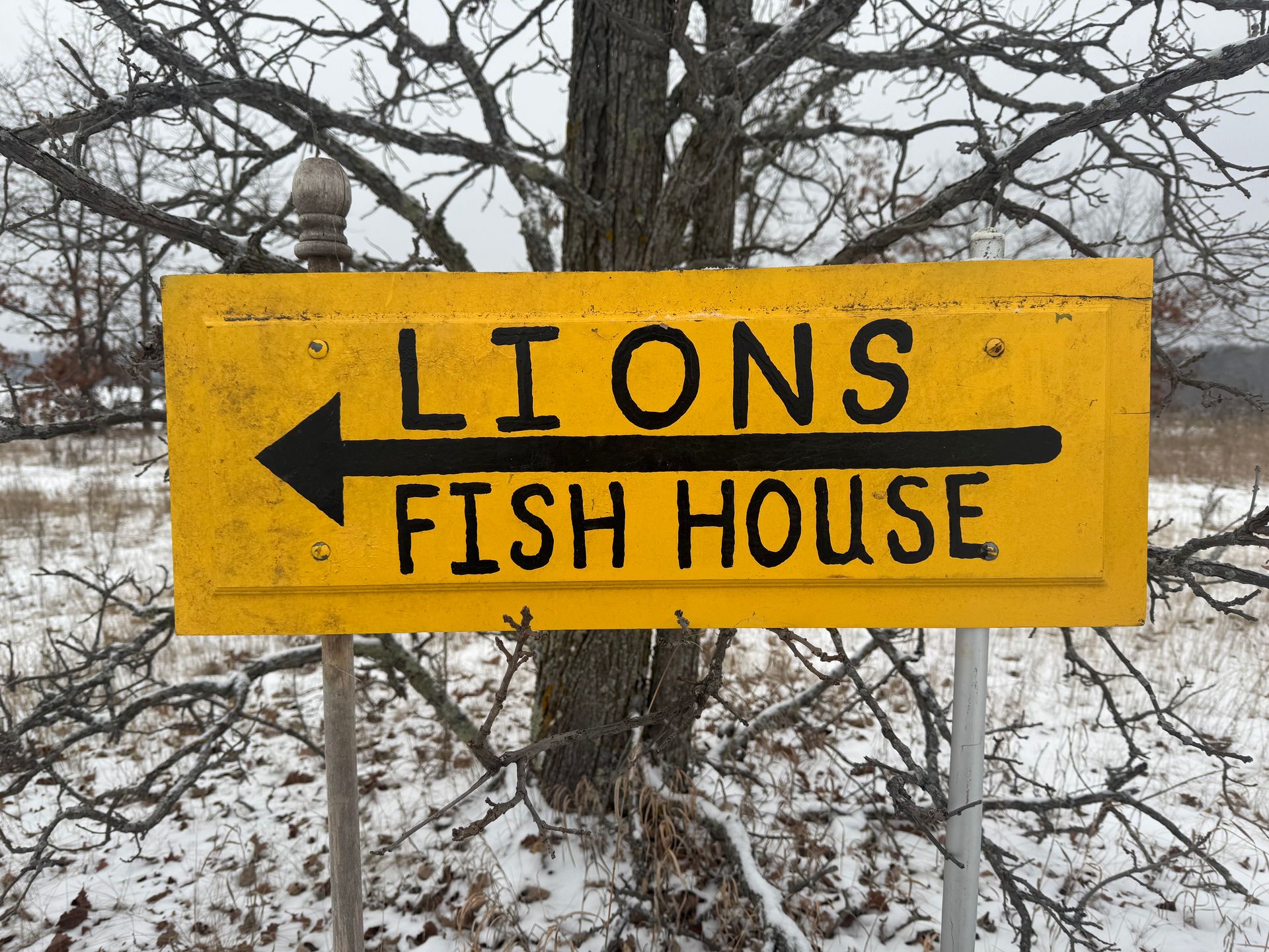 Yellow roadside sign reading “LIONS FISH HOUSE” with a left arrow in snowy woods