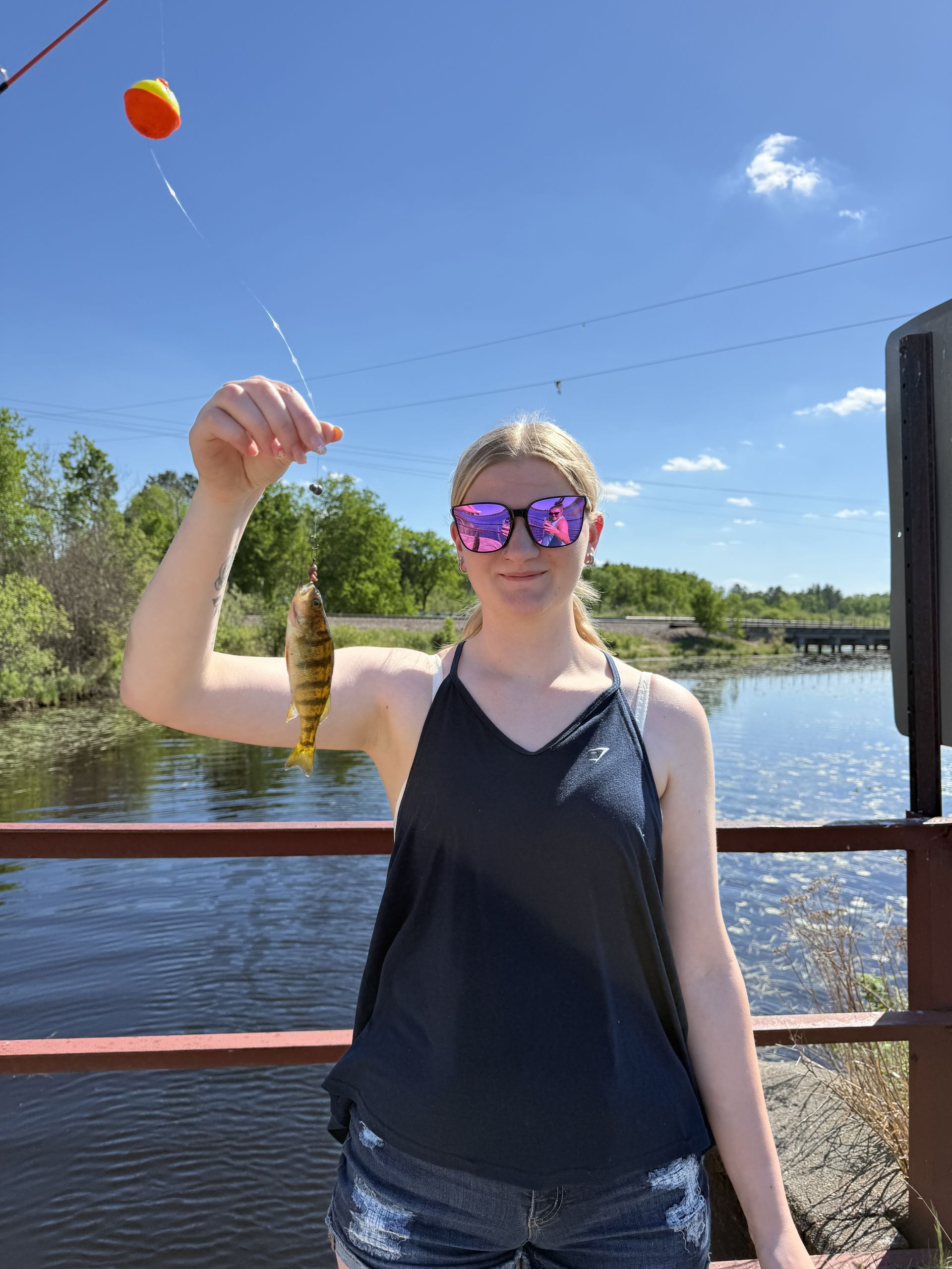 Person holding a fish by a lakeside railing on a sunny day