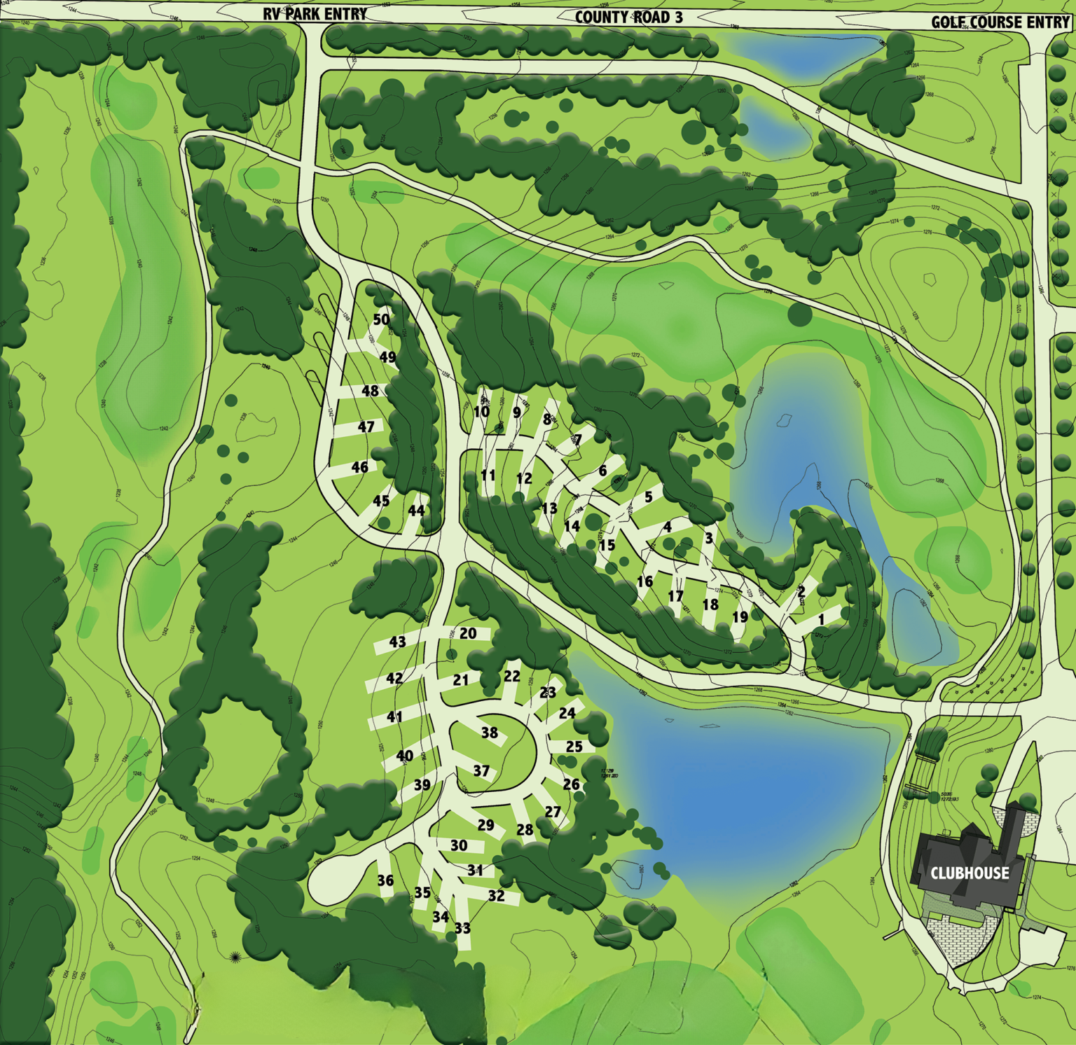 Map of a wooded resort with winding roads, white buildings, and two blue lakes