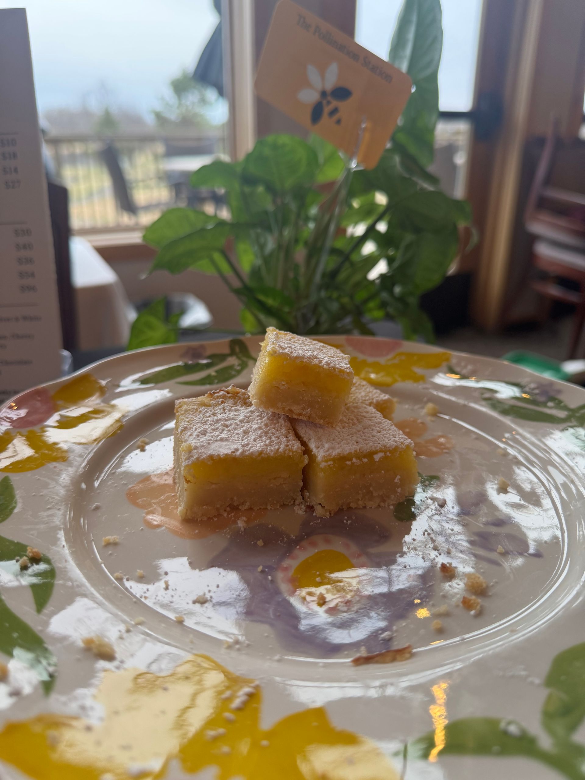 Small yellow dessert squares on a white plate with a sprig garnish, in a café setting.