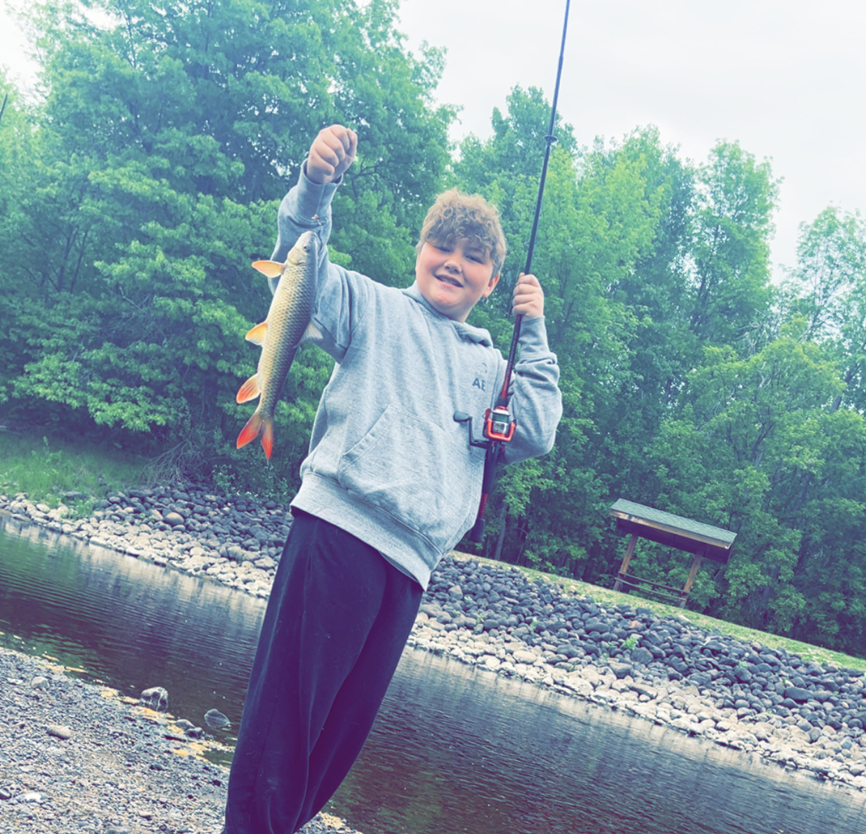 Person holding a fish on a riverbank, with trees and water in the background.