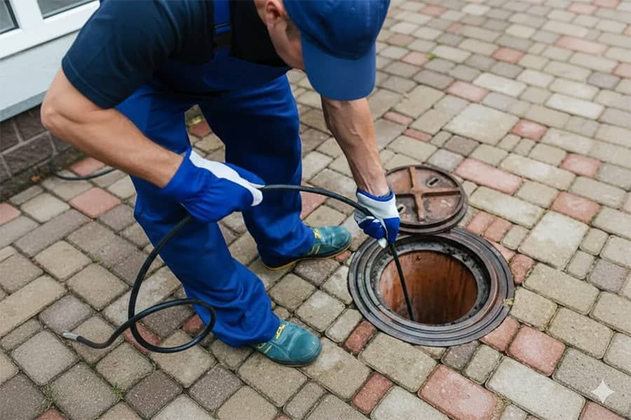 Worker in blue uniform cleaning a manhole with a hose on a paved street