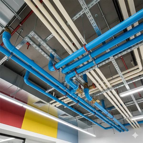 Ceiling view of blue industrial pipes and white conduit in a building interior with colorful wall panels