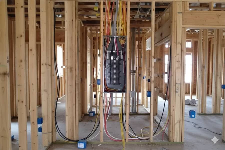 Framed house interior with exposed wiring and electrical panel during construction