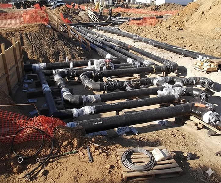 Construction trench with large black pipes and insulated joints laid in rows at an excavation site.
