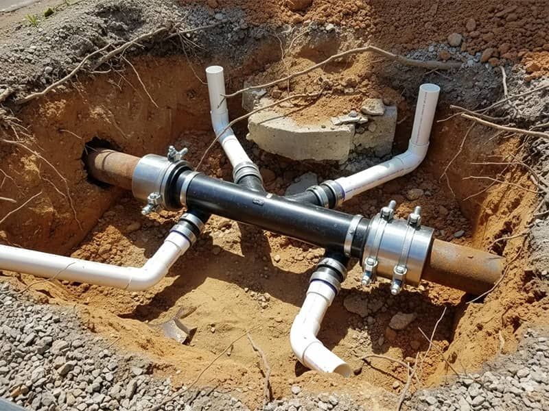 Exposed underground plumbing pipes and fittings in a dirt trench during installation