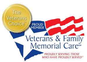 Logo for Veterans & Family Memorial Care, showing a star and American flag design with text.