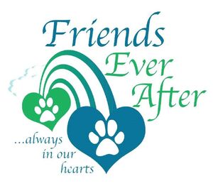 Logo with two hearts with paw prints and a rainbow: