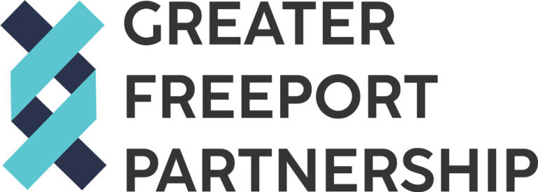 Logo for Greater Freeport Partnership: teal and navy geometric shape with black text.