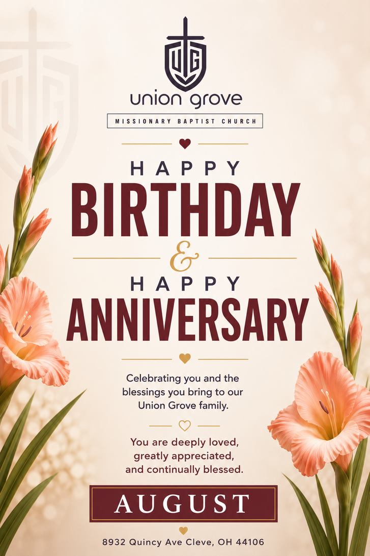 Union Grove birthday and anniversary greeting card with peach flowers and August banner