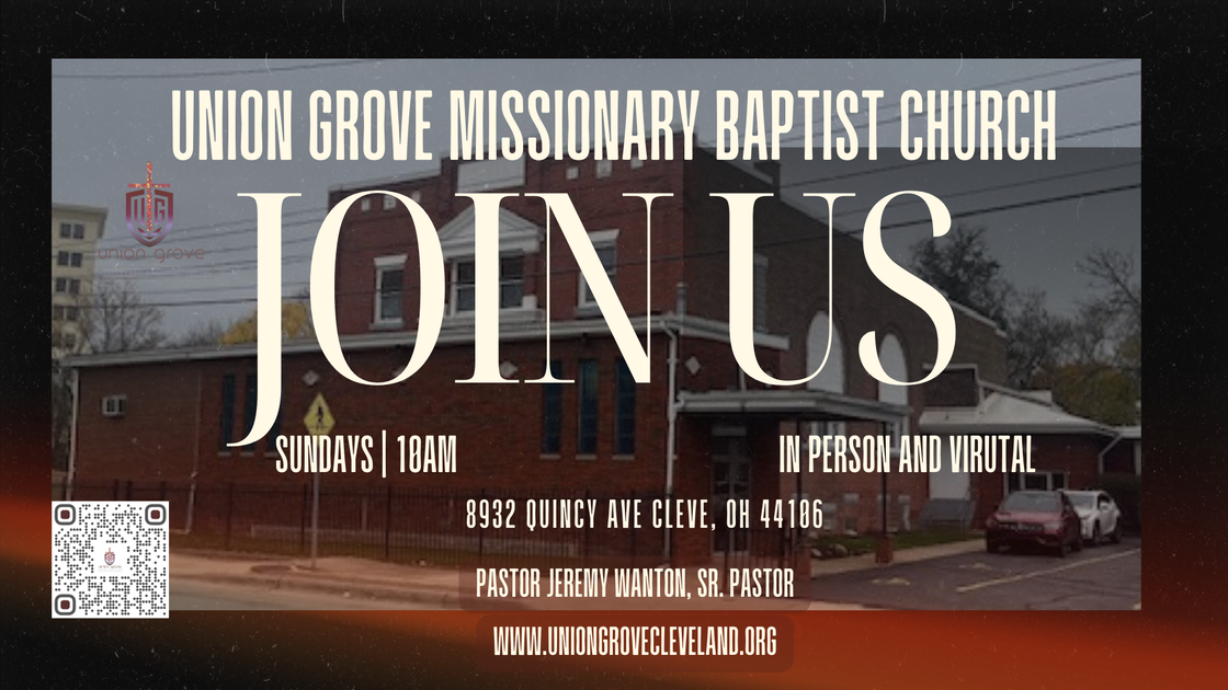 Union Grove Missionary Baptist Church flyer reading “Join Us” for Sunday worship, in white text over a church background.