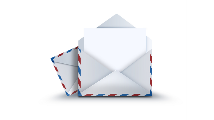 Open a white airmail envelope with a red and blue striped border