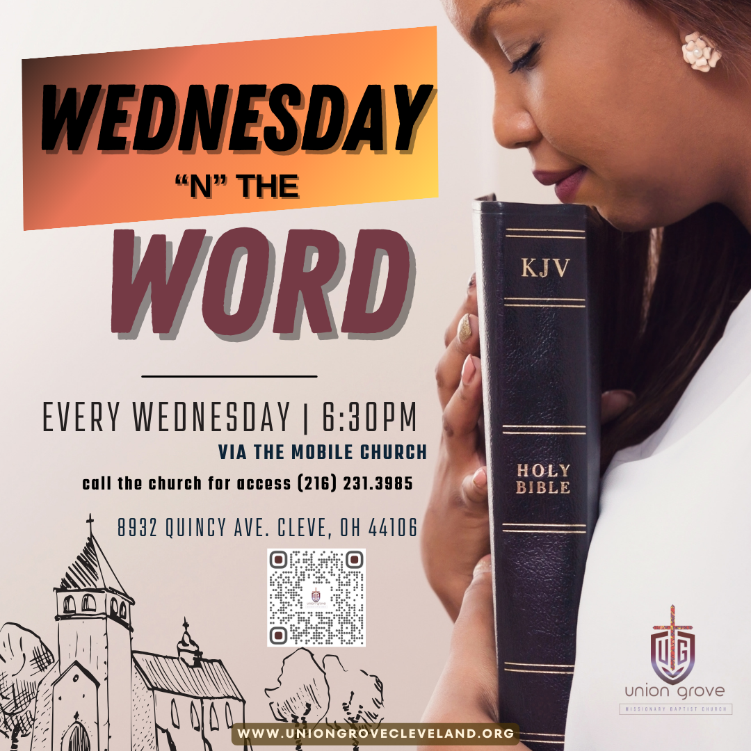 Wednesday in the Word Bible study flyer with a woman holding a KJV Bible and meeting details