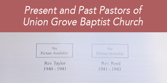 Slide titled “Present and Past Pastors of Union Grove Baptist Church” with two names and dates on a pink background