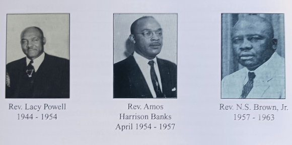 Three black-and-white portraits of religious leaders with names and years beneath each photo.