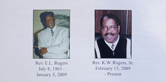 Two memorial portrait photos with captions and dates underneath