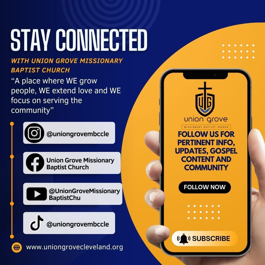 Blue and orange church social media flyer with contact handles and “Stay Connected” message on phone graphic