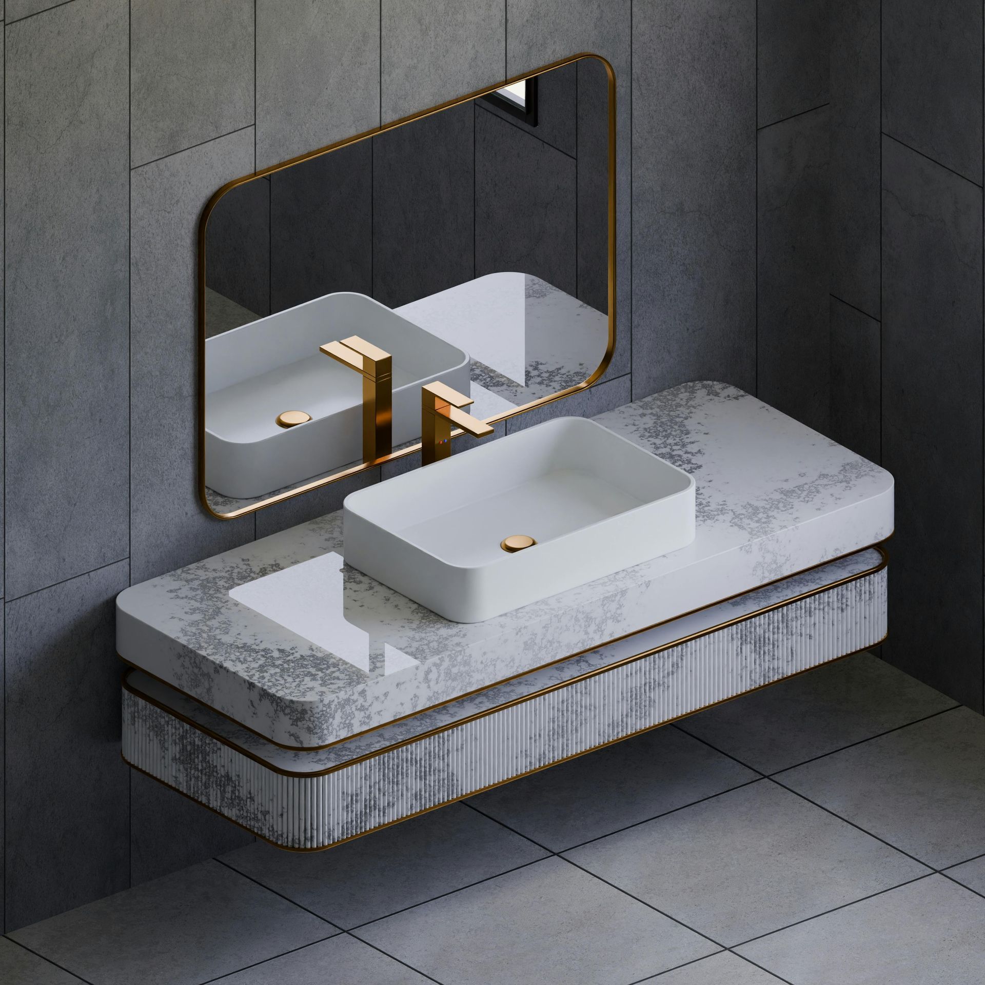 A bathroom with two sinks and a mirror