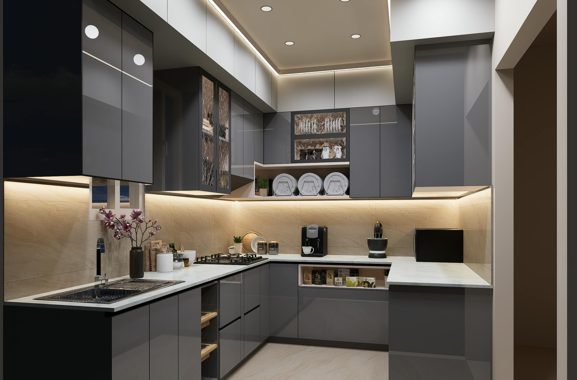 A kitchen with a stove , sink , and cabinets.