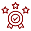 A red ribbon with three stars and a check mark in the middle.