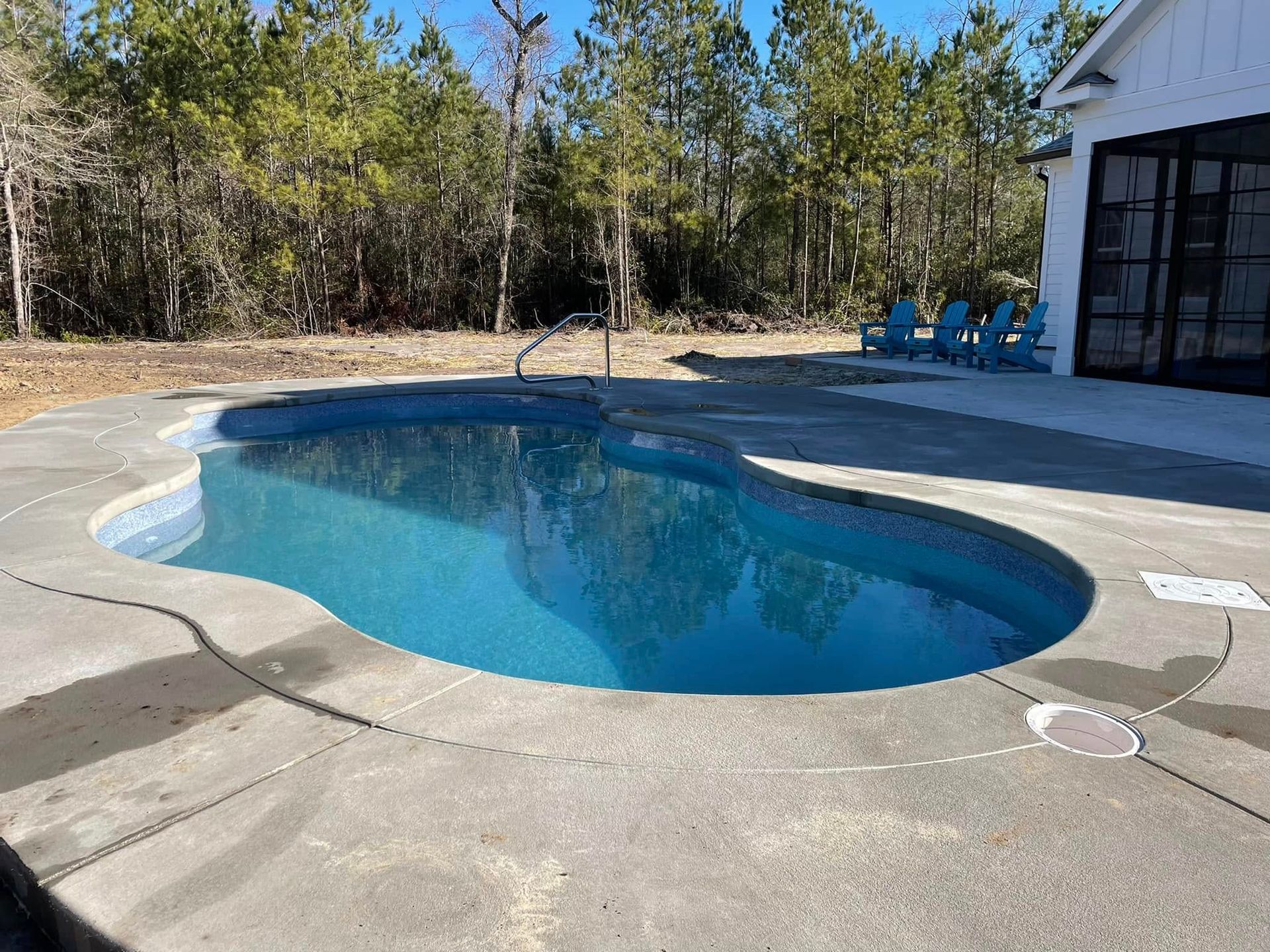 Backyard swimming pool with a curved concrete deck and trees in the background