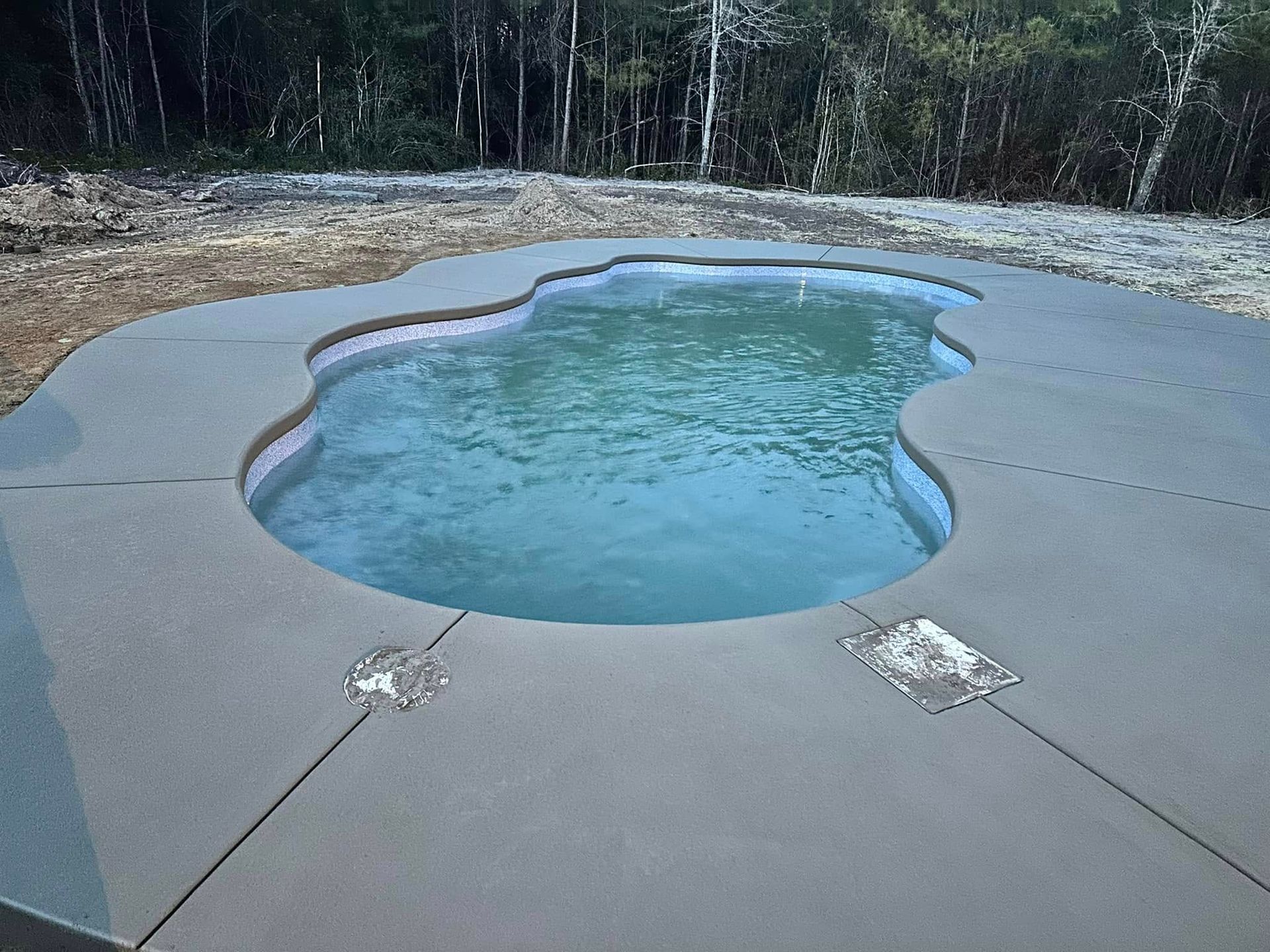 Kidney-shaped backyard swimming pool with blue water and gray concrete deck