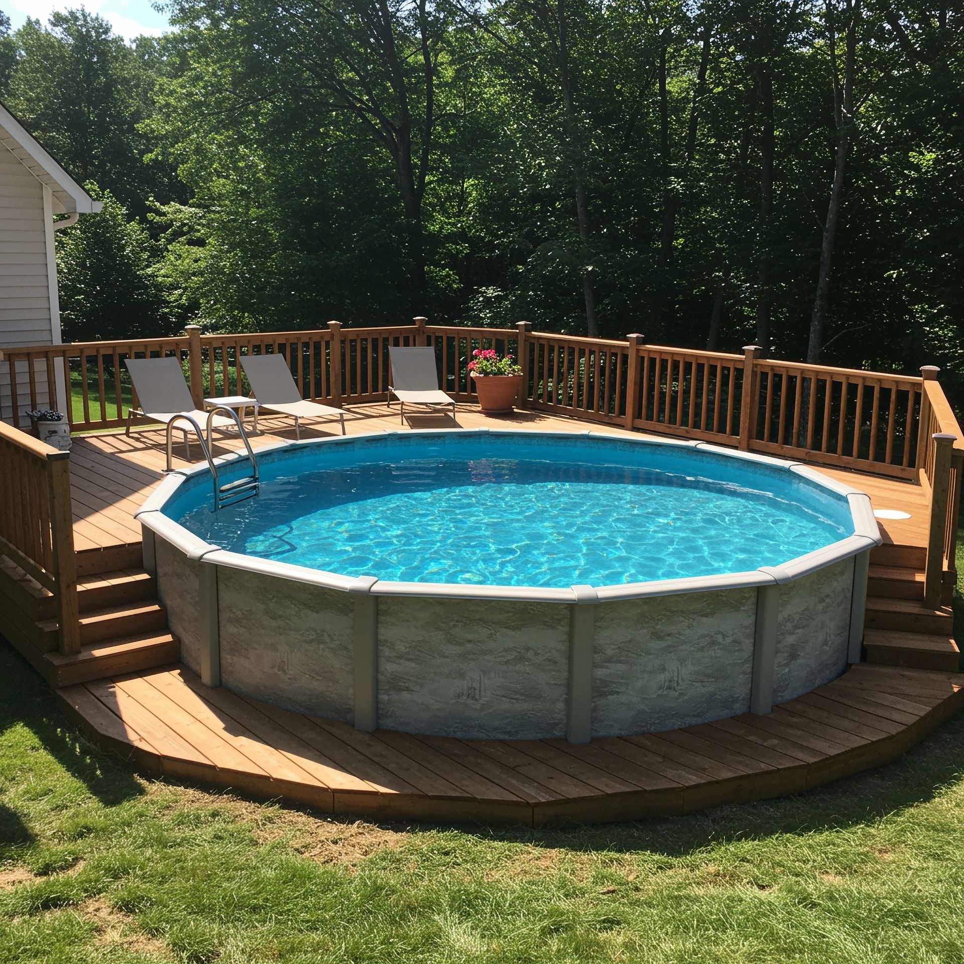 Above-ground pool on a wooden deck in a sunny backyard, with stairs and railing.