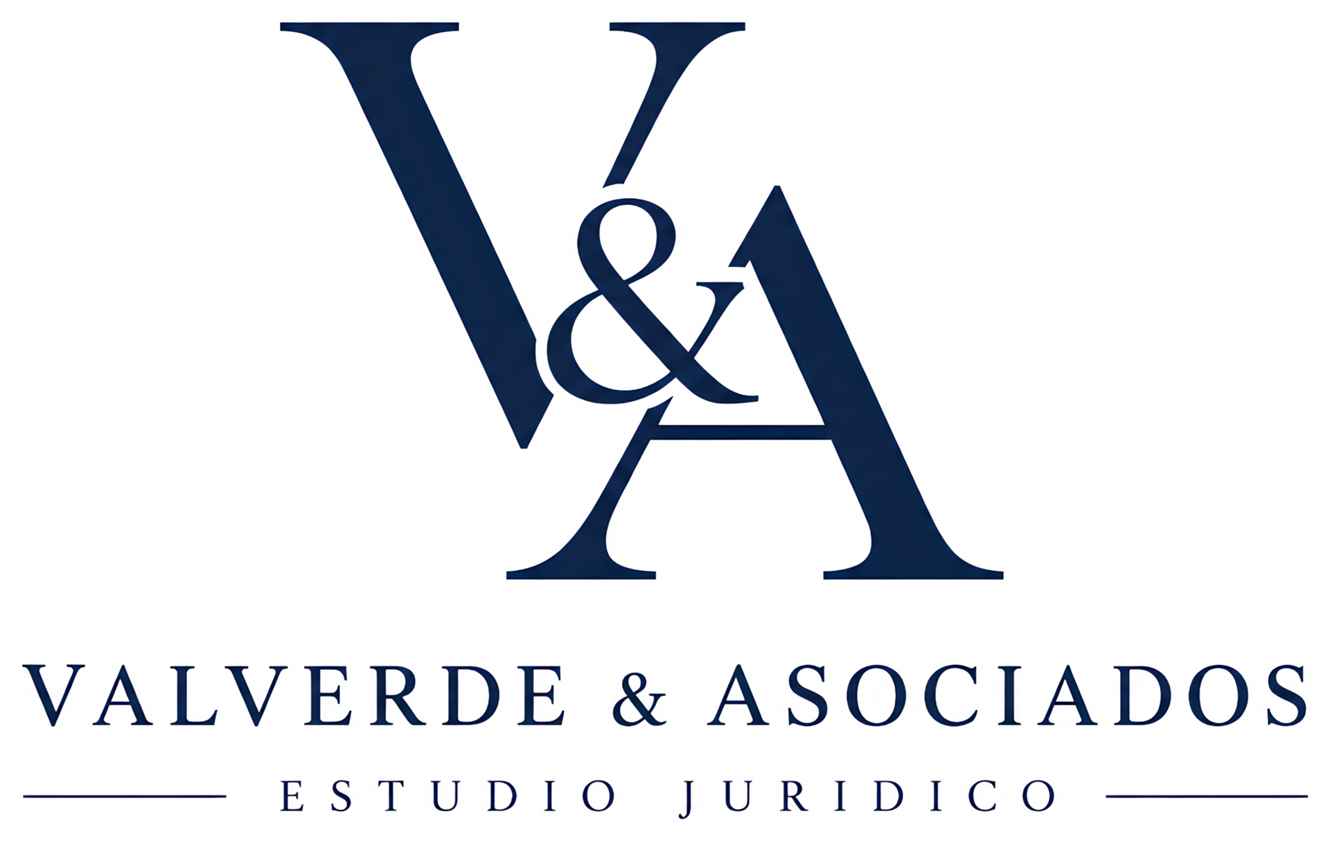 Logotipo azul que dice “V&A Valverde & Asociados Estudio Jurídico” con iniciales estilizadas.