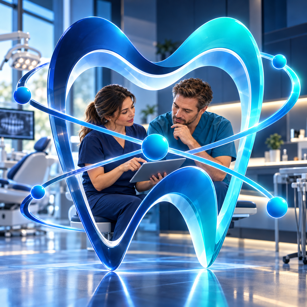 Dentists collaborating within a sculptural blue and aqua CuspLogic tooth-and-orbit symbol in a modern dental office