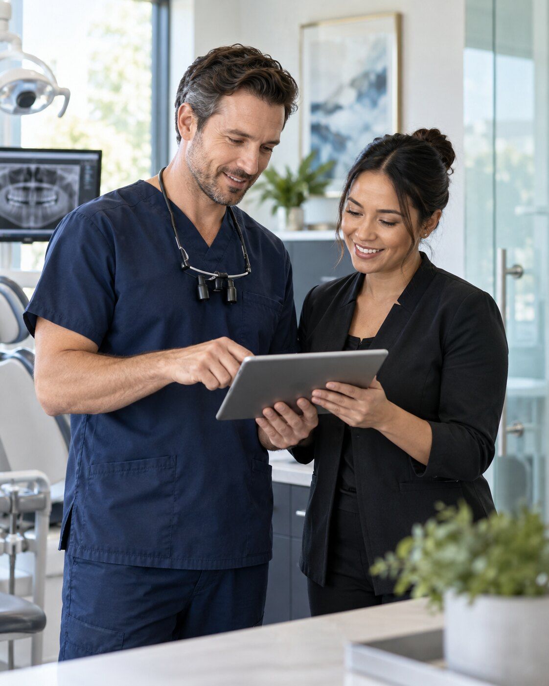 Illustrative dental team reviewing information together on a tablet