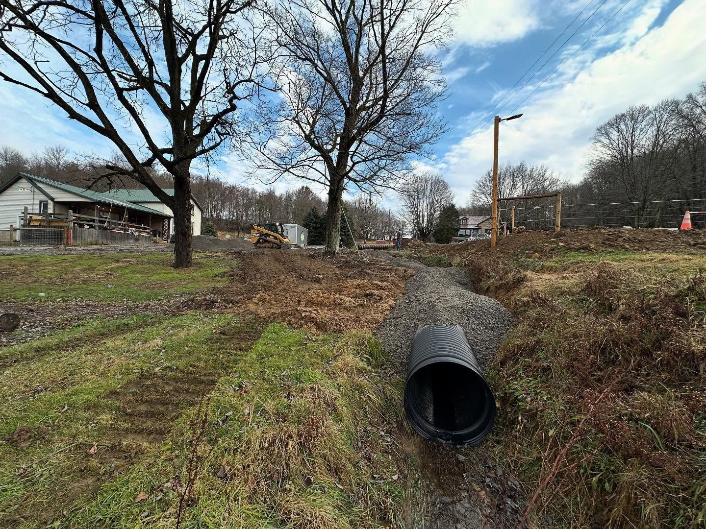 Open drainage pipe in a grassy ditch under leafless trees on a cloudy day