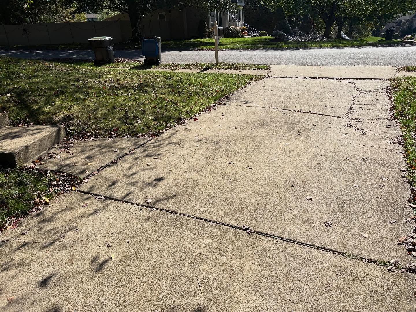 Cracked concrete driveway leading to a residential street, with grass and trees along the side.