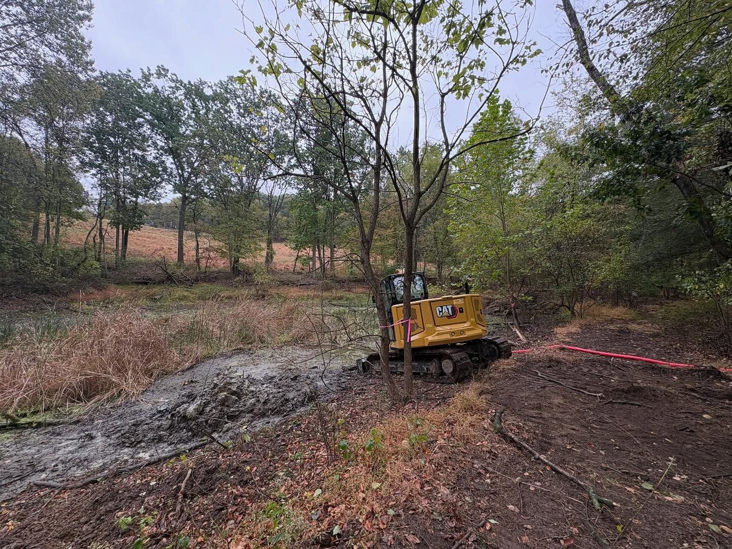 Yellow excavator clearing a muddy ditch in a wooded area with orange survey tape.