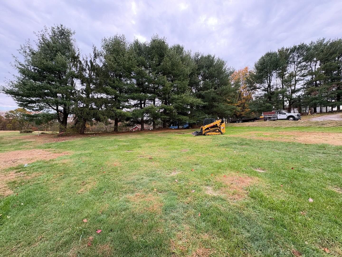 Yellow lawn mower on a grassy field with trees and overcast sky