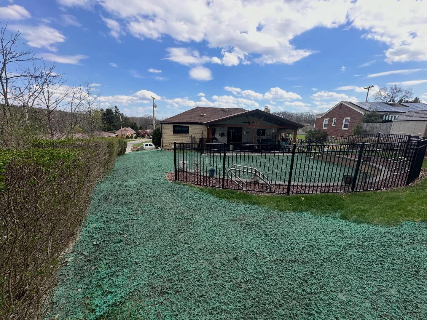 Backyard lawn with green edging, black fence, and houses under a partly cloudy sky